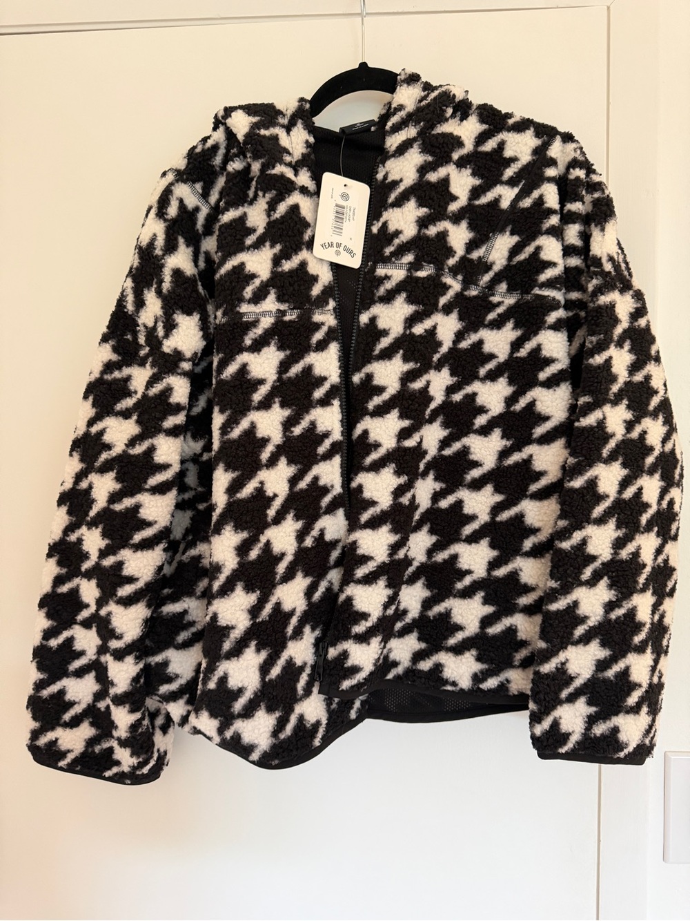 Year of Ours Black and White Houndstooth Plush Zip Jacket